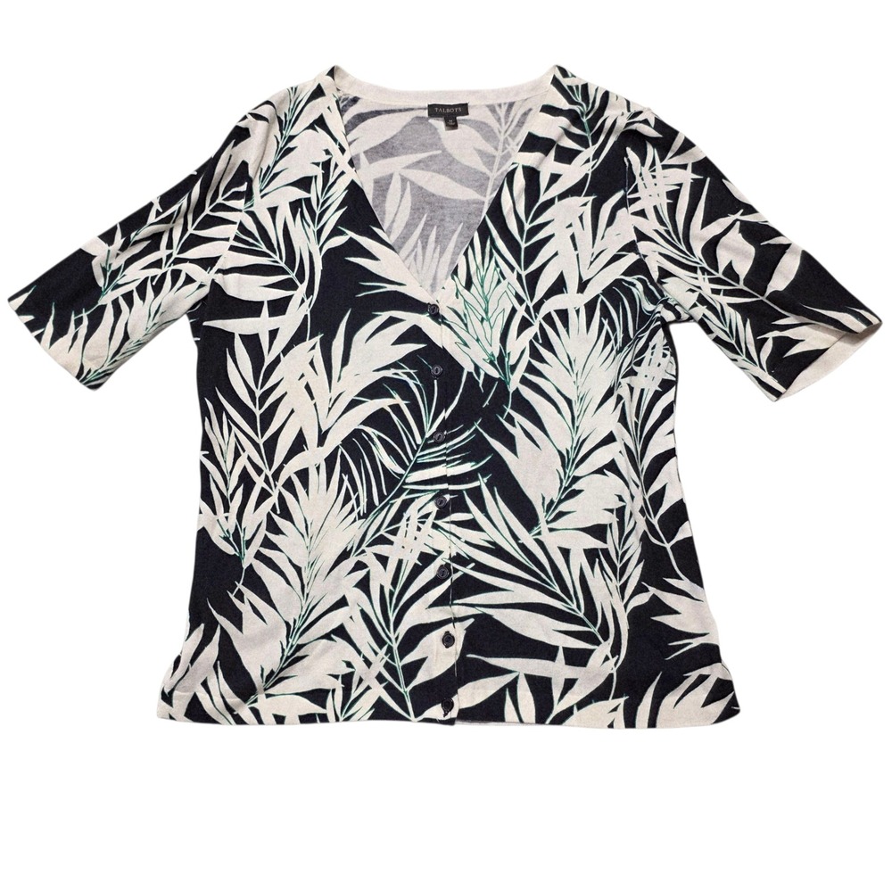 Talbots Womens Black White Green Leaf Print Button Front Short Sleeve Cardigan M